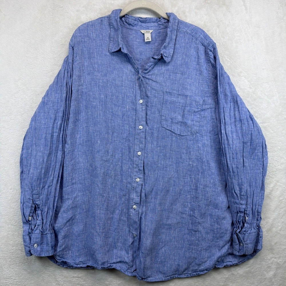 L.L.Bean Linen Shirt Womens 3X Blue Button Front Long Sleeve Beach Coastal
